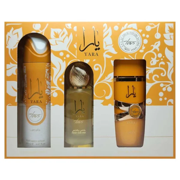 lattafa yara tous 3 pcs gift set with 100ml edp + 200ml deo + 50ml hairmist✔️